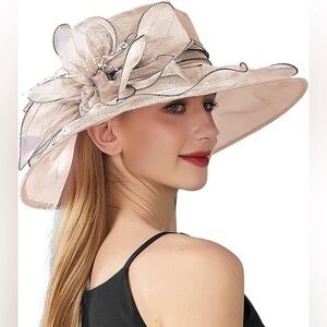 NEW Kentucky Derby, Tea Party Blush Organza Fascinator Sun Hat w/Floral & Pearl